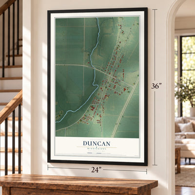 Duncan, Mississippi map, 24 x 36 inch print in a black frame by a staircase