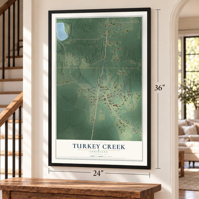 Turkey Creek, Louisiana map, 24 x 36 inch print in a black frame by a staircase