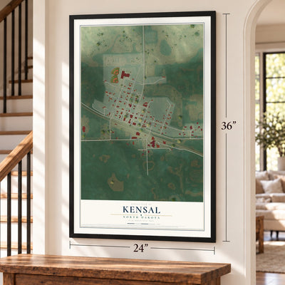 Kensal, North Dakota map, 24 x 36 inch print in a black frame by a staircase