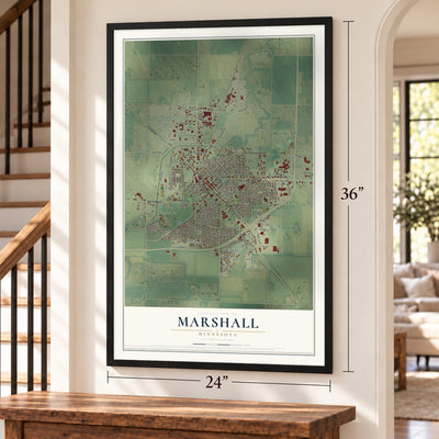 Marshall, Minnesota map, 24 x 36 inch print in a black frame by a staircase