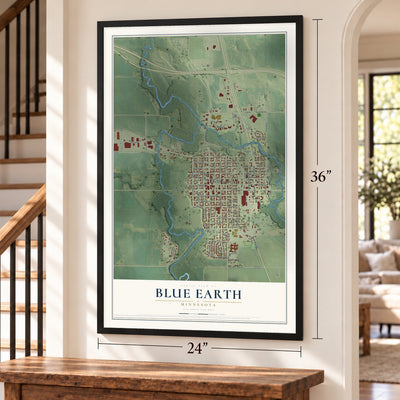 Blue Earth, Minnesota map, 24 x 36 inch print in a black frame by a staircase
