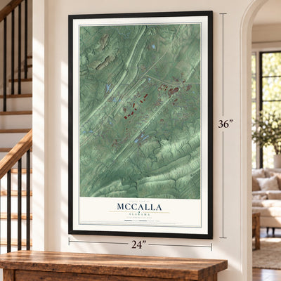 McCalla, Alabama map, 24 x 36 inch print in a black frame by a staircase