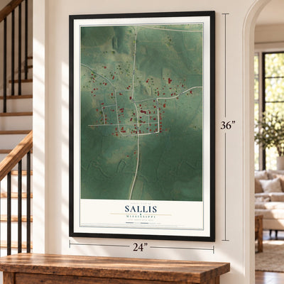 Sallis, Mississippi map, 24 x 36 inch print in a black frame by a staircase