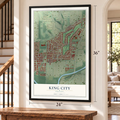 King City, Oregon map, 24 x 36 inch print in a black frame by a staircase