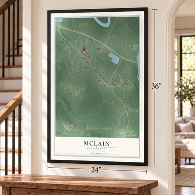 McLain, Mississippi map, 24 x 36 inch print in a black frame by a staircase