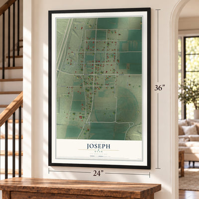 Joseph, Utah map, 24 x 36 inch print in a black frame by a staircase