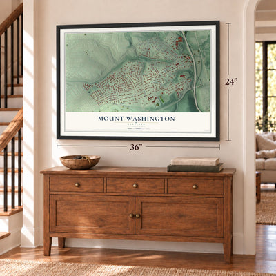 Mount Washington, Maryland map, 24 x 36 inch print in a black frame above a dresser by a staircase