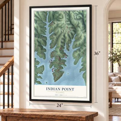 Indian Point, Missouri map, 24 x 36 inch print in a black frame by a staircase