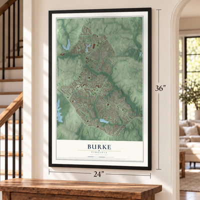 Burke, Virginia map, 24 x 36 inch print in a black frame by a staircase