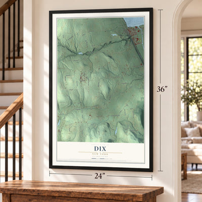 Dix, New York map, 24 x 36 inch print in a black frame by a staircase