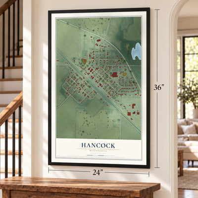 Hancock, Minnesota map, 24 x 36 inch print in a black frame by a staircase