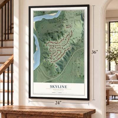 Skyline, Minnesota map, 24 x 36 inch print in a black frame by a staircase