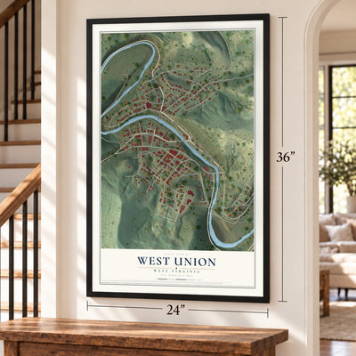 West Union, West Virginia map, 24 x 36 inch print in a black frame by a staircase