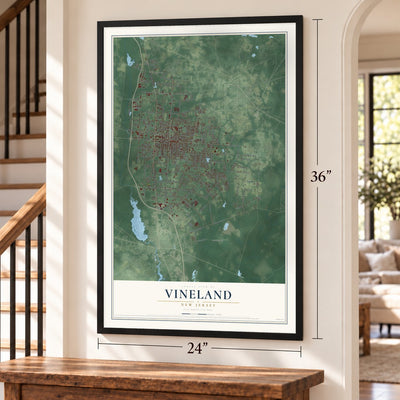 Vineland, New Jersey map, 24 x 36 inch print in a black frame by a staircase
