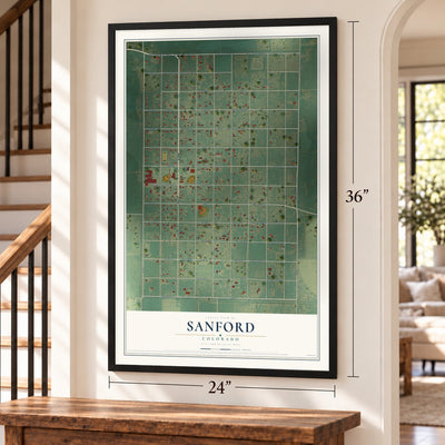 Sanford, Colorado map, 24 x 36 inch print in a black frame by a staircase