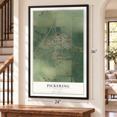 Pickering, Missouri map, 24 x 36 inch print in a black frame by a staircase