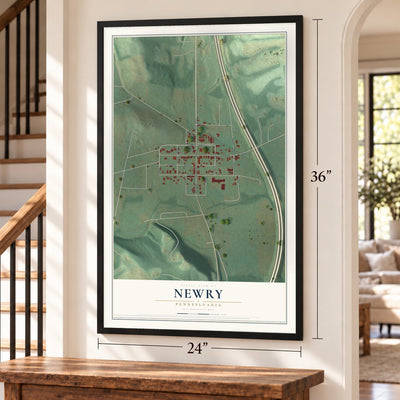 Newry, Pennsylvania map, 24 x 36 inch print in a black frame by a staircase