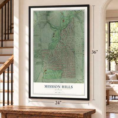 Mission Hills, Kansas map, 24 x 36 inch print in a black frame by a staircase