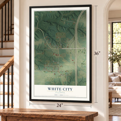 White City, Illinois map, 24 x 36 inch print in a black frame by a staircase