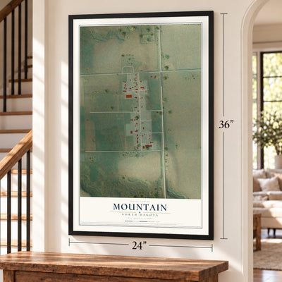 Mountain, North Dakota map, 24 x 36 inch print in a black frame by a staircase