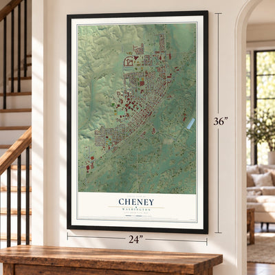 Cheney, Washington map, 24 x 36 inch print in a black frame by a staircase