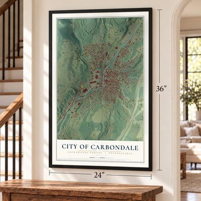City of Carbondale, Lackawanna County, Pennsylvania map, 24 x 36 inch print in a black frame by a staircase