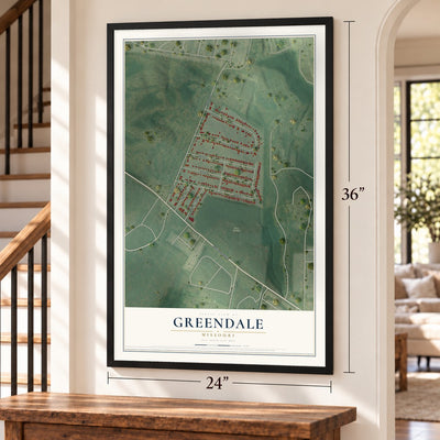 Greendale, Missouri map, 24 x 36 inch print in a black frame by a staircase
