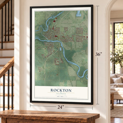 Rockton, Illinois map, 24 x 36 inch print in a black frame by a staircase