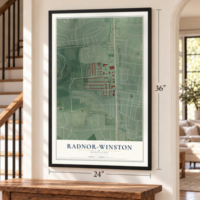 Radnor-Winston, Maryland map, 24 x 36 inch print in a black frame by a staircase