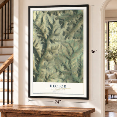 Hector, Pennsylvania map, 24 x 36 inch print in a black frame by a staircase