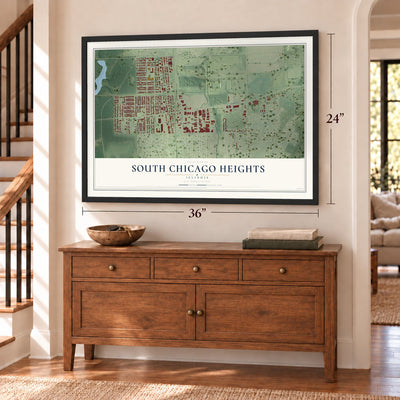South Chicago Heights, Illinois map, 24 x 36 inch print in a black frame above a dresser by a staircase