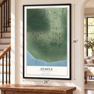 Zemple, Minnesota map, 24 x 36 inch print in a black frame by a staircase