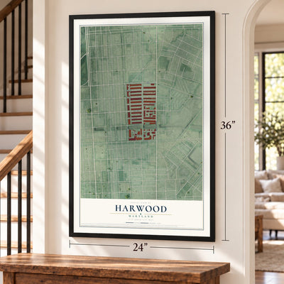 Harwood, Maryland map, 24 x 36 inch print in a black frame by a staircase
