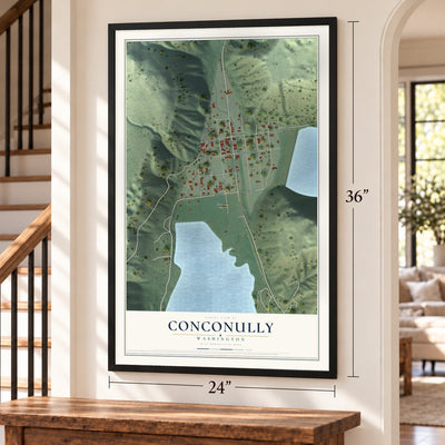 Conconully, Washington map, 24 x 36 inch print in a black frame by a staircase