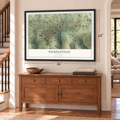 Nickelsville, Virginia map, 24 x 36 inch print in a black frame above a dresser by a staircase