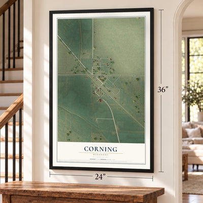 Corning, Missouri map, 24 x 36 inch print in a black frame by a staircase