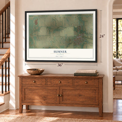 Sumner, Illinois map, 24 x 36 inch print in a black frame above a dresser by a staircase