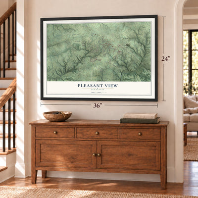 Pleasant View, Tennessee map, 24 x 36 inch print in a black frame above a dresser by a staircase