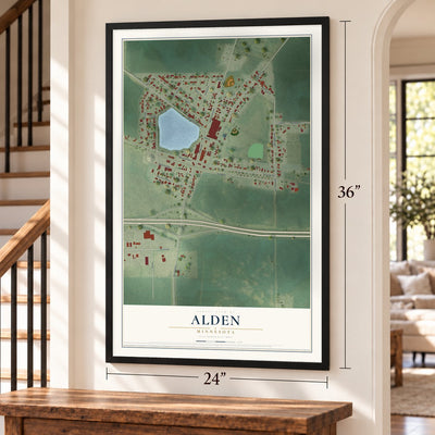 Alden, Minnesota map, 24 x 36 inch print in a black frame by a staircase