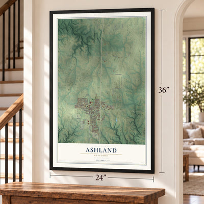 Ashland, Missouri map, 24 x 36 inch print in a black frame by a staircase
