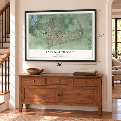 East Northport, New York map, 24 x 36 inch print in a black frame above a dresser by a staircase