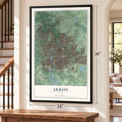Akron, Ohio map, 24 x 36 inch print in a black frame by a staircase