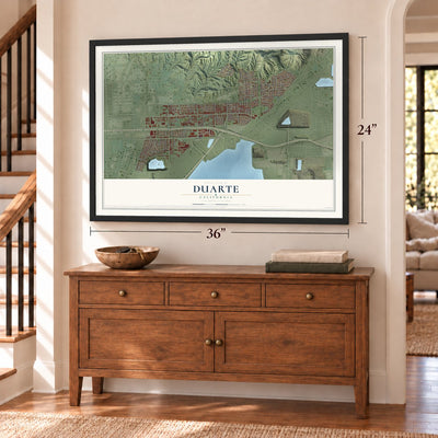 Duarte, California map, 24 x 36 inch print in a black frame above a dresser by a staircase