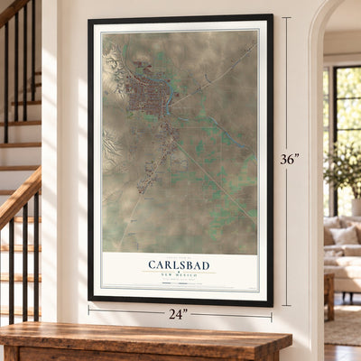 Carlsbad, New Mexico map, 24 x 36 inch print in a black frame by a staircase