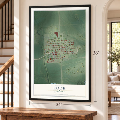 Cook, Nebraska map, 24 x 36 inch print in a black frame by a staircase