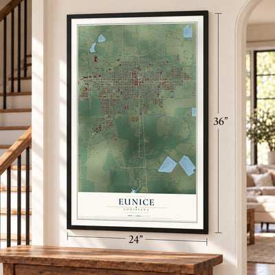 Eunice, Louisiana map, 24 x 36 inch print in a black frame by a staircase