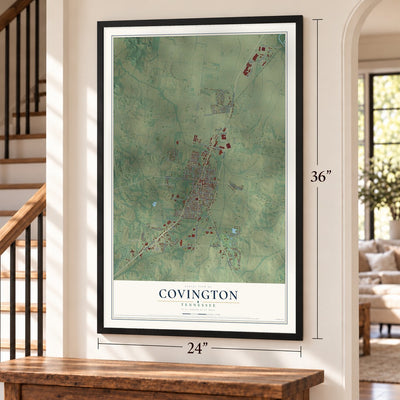 Covington, Tennessee map, 24 x 36 inch print in a black frame by a staircase