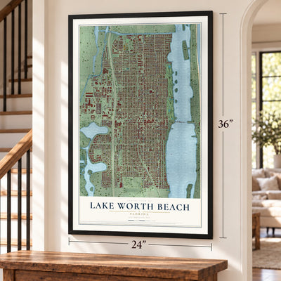 Lake Worth Beach, Florida map, 24 x 36 inch print in a black frame by a staircase