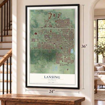 Lansing, Illinois map, 24 x 36 inch print in a black frame by a staircase