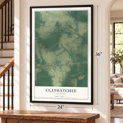 Clayhatchee, Alabama map, 24 x 36 inch print in a black frame by a staircase